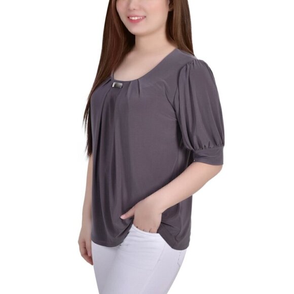 NY COLLECTION Petite Short Sleeve Balloon Sleeve Charcoal Grey Top NWT - Picture 3 of 5
